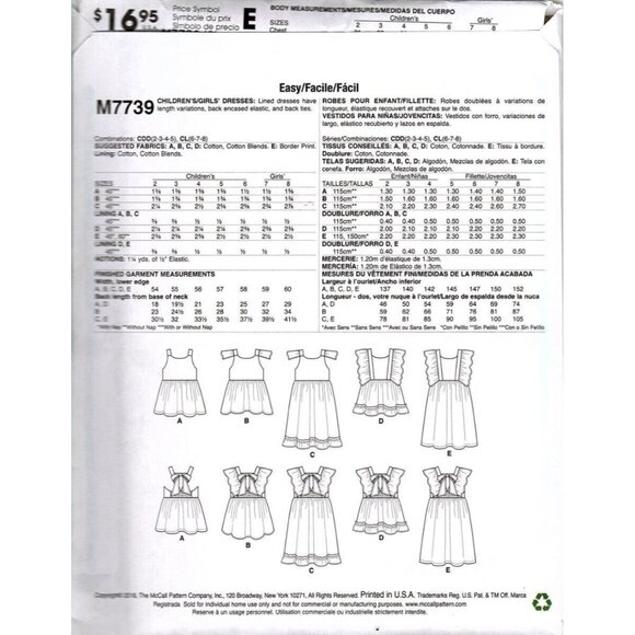 McCall's M7739 Girls 2 to 5 Lined Dresses Uncut Sewing Pattern - Picture 2 of 2